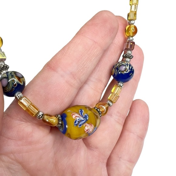 Cobalt Blue & Yellow Lampwork Seed Beaded Necklace - Picture 2 of 10